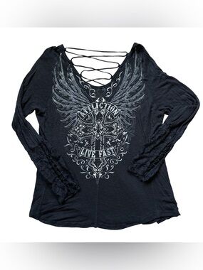 Affliction Black Graphic Long Sleeve Top Lace Up Y2K Biker Skull Cross Shirt L